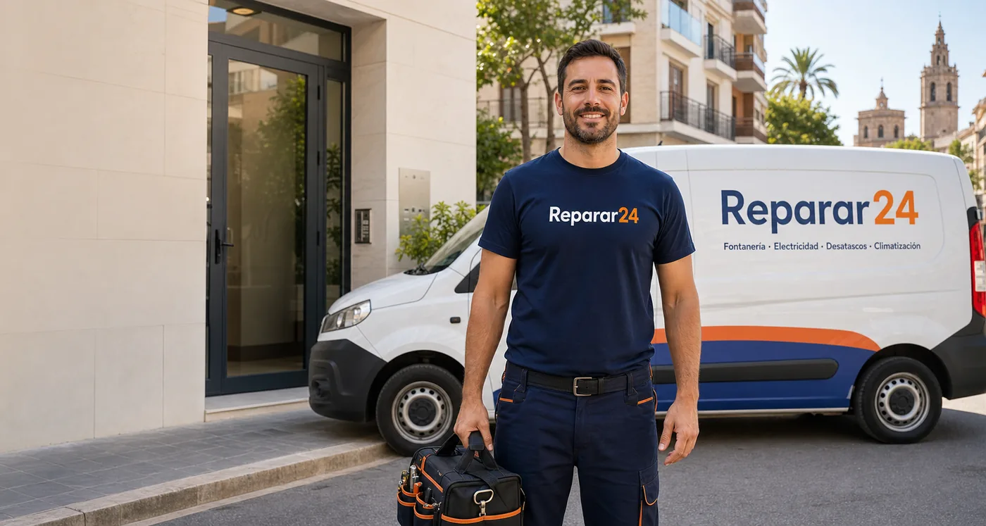Tecnico de Reparar24 junto a una furgoneta rotulada con servicios de fontaneria, electricidad, desatascos y climatizacion